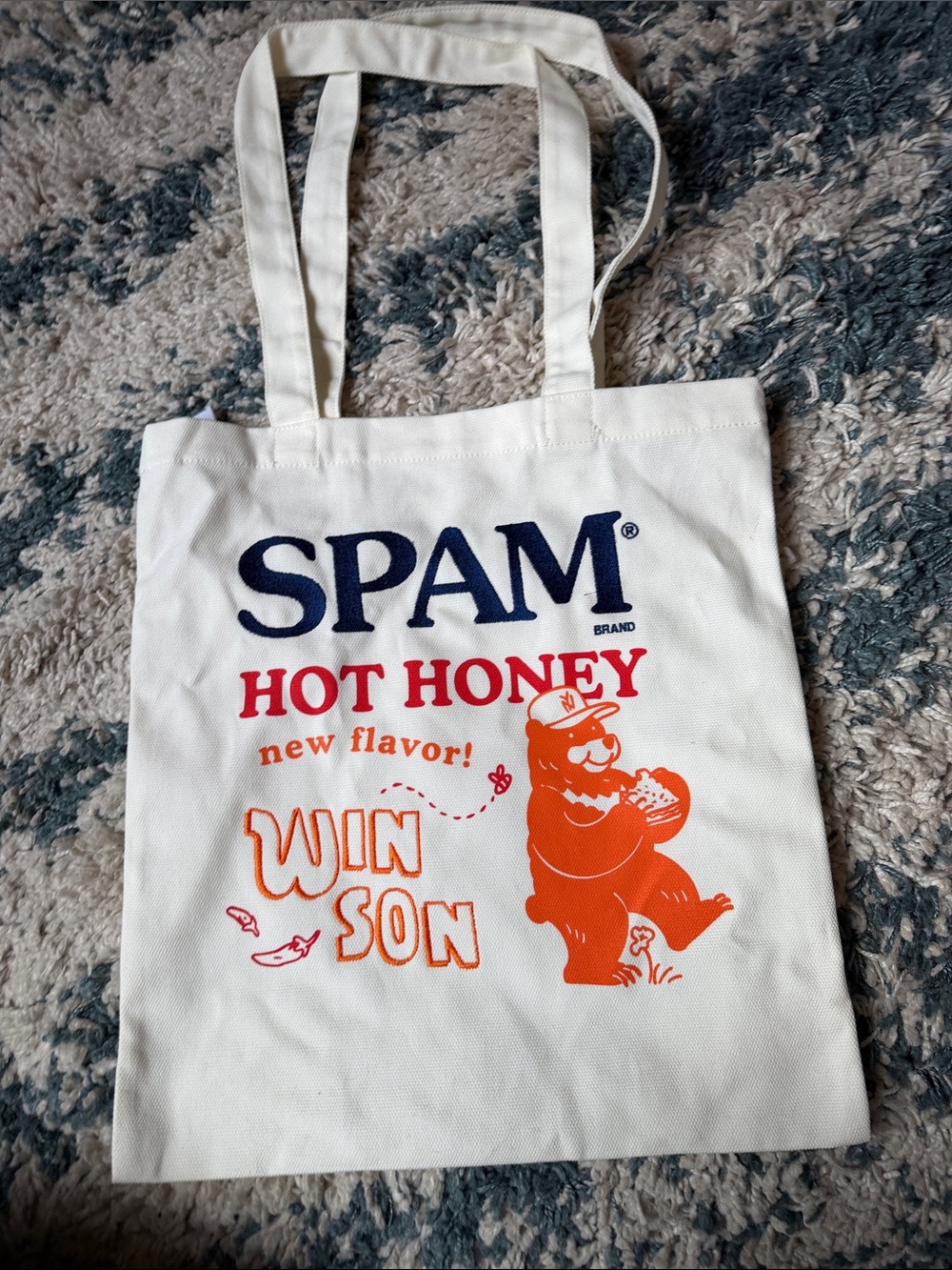 Spam Brand Canvas Tote Bag - White with Orange & Navy Print